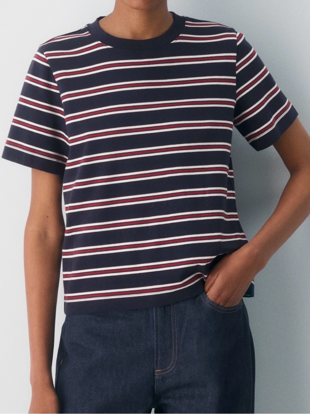 Aritzia Navy Short-Sleeve Striped Tee with White & Burgundy Lines
